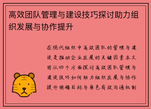 高效团队管理与建设技巧探讨助力组织发展与协作提升
