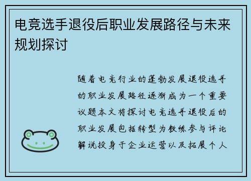 电竞选手退役后职业发展路径与未来规划探讨