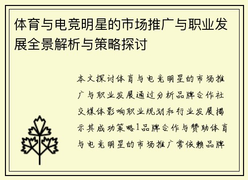 体育与电竞明星的市场推广与职业发展全景解析与策略探讨